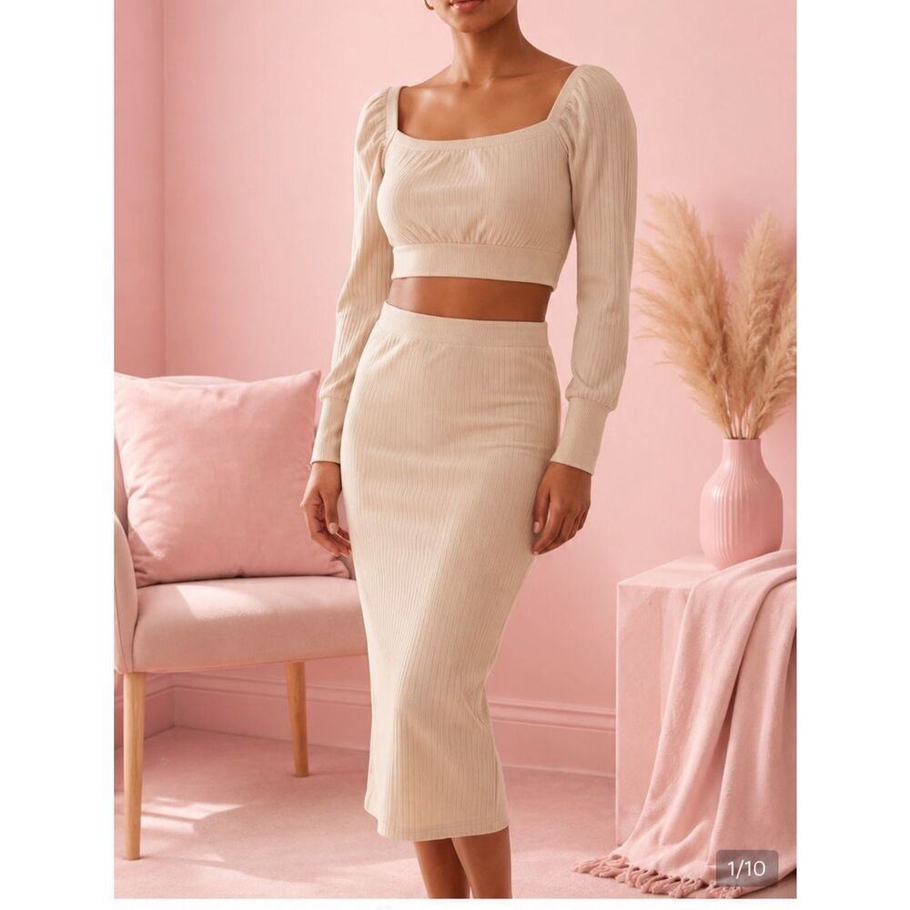 🛍️ Women’s beige off shoulder, cropped Mila midi skirt set NWT